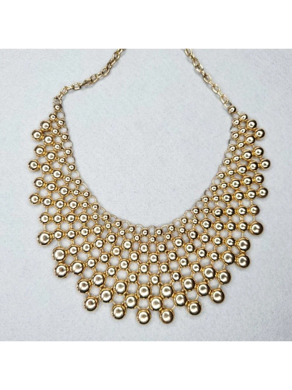 Gold Tone Bib Necklace Statement Metal Round Domes 17